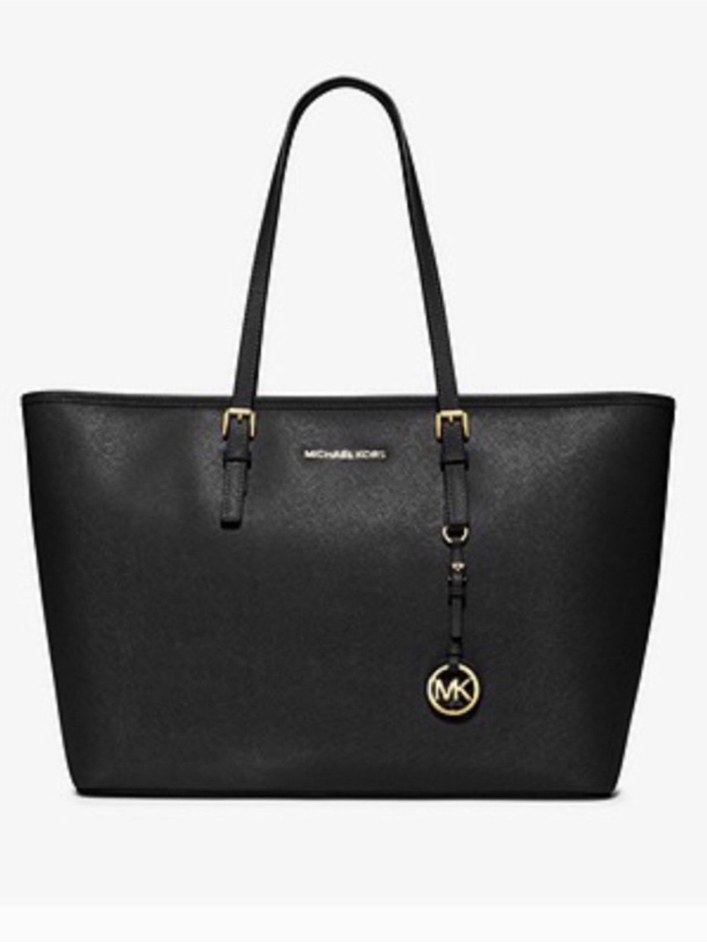 Michael Kors Black Jet Set Saffiano Tote with Gold MK Charm